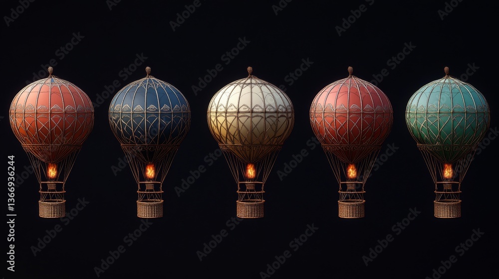 Fototapeta premium Ultra-detailed vector collection of hot air balloons, varied color palette from pastels to bold primaries, precisely modeled wicker baskets, metallic propane burners with realistic reflections,