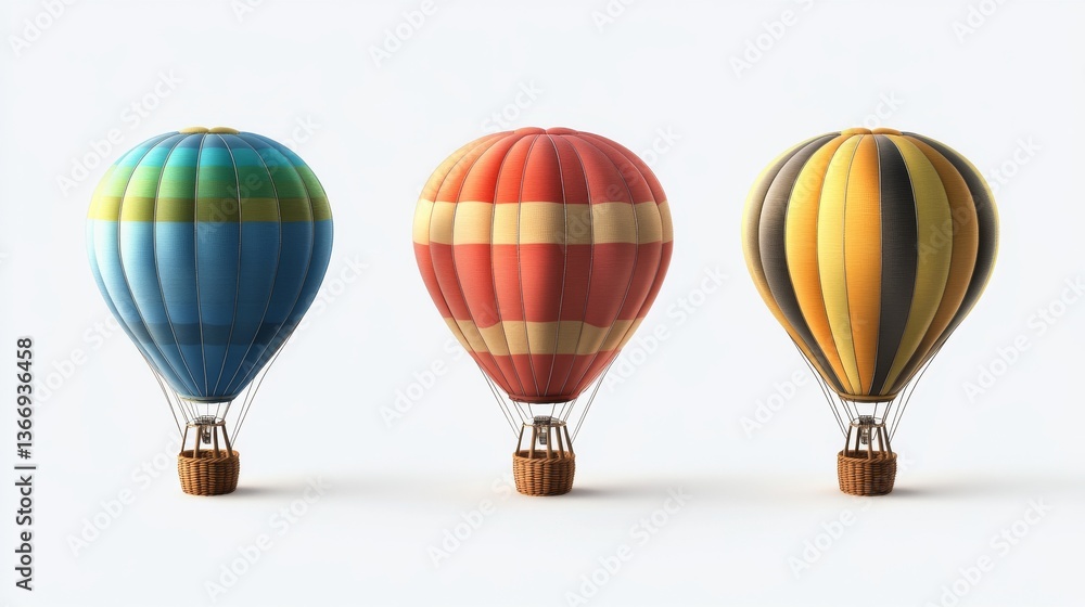 Fototapeta premium Vector 3D collection featuring hyper-realistic hot air balloons, multi-colored envelope designs with authentic material shading, detailed wicker basket construction, precise rope and pulley systems,