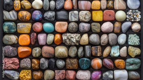 Colorful Collection of Polished Stones and Rocks in a Grid
