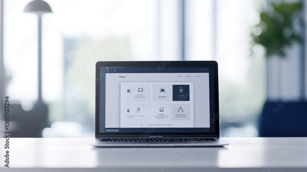 AI powered chatbot interface on a laptop screen, modern office workspace with clean surfaces, High-tech style AI powered chatbot interface on a laptop screen, modern office workspace with clean surfaces, High-tech style