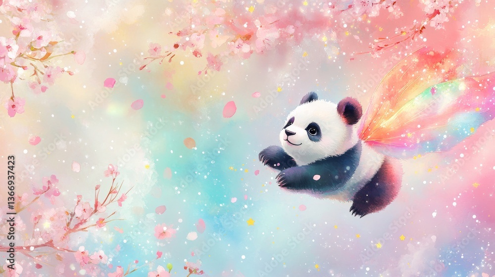 Naklejka premium Baby panda bear flying with fairy wings made of transparent watercolor washes in rainbow colors, scattered golden stars and white dots creating magical trails, floating among pink cherry blossoms and