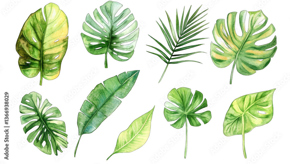 various green leaves illustrated in a watercolor style showcasin various green leaves illustrated in a watercolor style showcasin