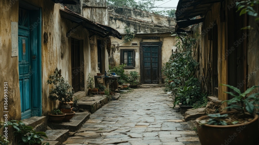 Fototapeta premium Tranquil Alleyway in Ancient Asian Town Serene Stone Path, Weathered Buildings, Lush Greenery