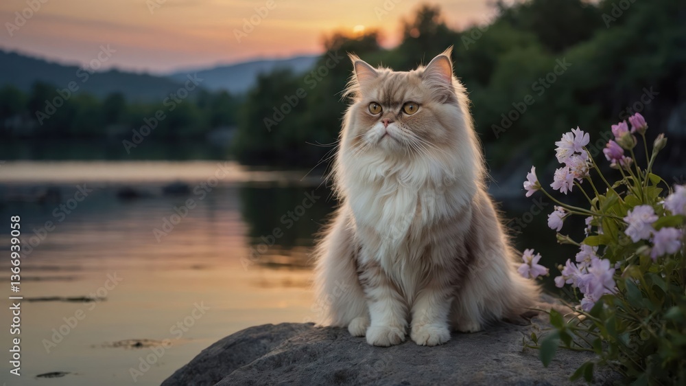 Obraz premium Fluffy Cat Sitting on Rock by Lake at Calming Sunset