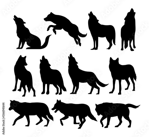 set of wolf vector silhouette