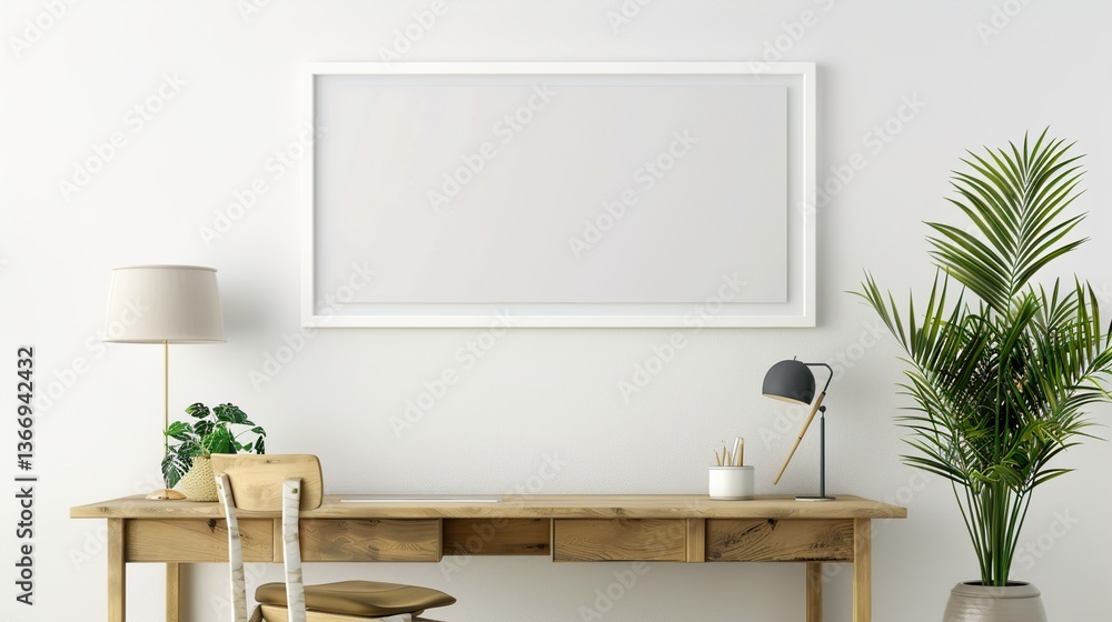 A white rectangular frame in a bright home office, mounted above a wooden desk, with a chair, a desk lamp, and a potted plant HD 8K mockup wallpaper Photographic Image A white rectangular frame in a bright home office, mounted above a wooden desk, with a chair, a desk lamp, and a potted plant HD 8K mockup wallpaper Photographic Image