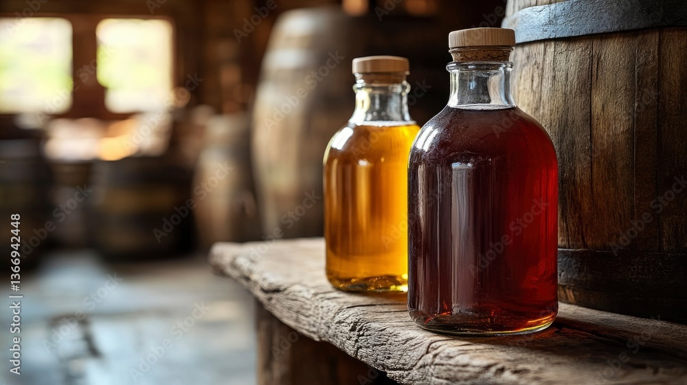 Two Bottles of Aged Whiskey or Bourbon Resting on Rustic Wooden Barrel in Old Distillery Two Bottles of Aged Whiskey or Bourbon Resting on Rustic Wooden Barrel in Old Distillery