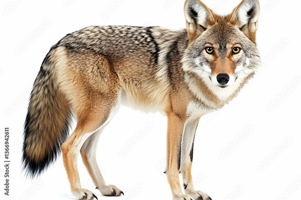 Photo of a Standing Brown Coyote with Fur Isolated on White Background Photo of a Standing Brown Coyote with Fur Isolated on White Background