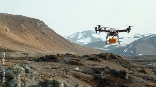 AI powered drone delivering supplies to a remote research station in an isolated environment, rugged outdoor terrain with drones flying over the landscape to deliver goods, Tech style