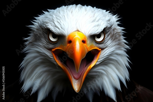 Photo of Bald Eagle with Open Beak and Intense Stare Against Black Background