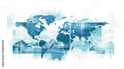 Wallpaper Mural Artistic photo frame collage, light cerulean world map overlay, negative space photography frames, intersecting travel route lines, sophisticated arrangement, contemporary design aesthetic, Torontodigital.ca