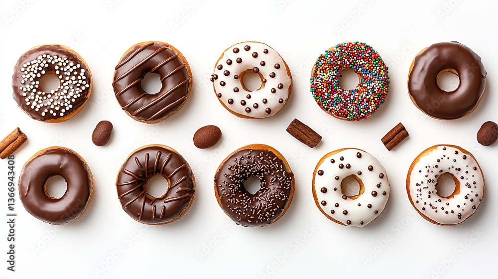 Obraz premium Delicious Chocolate and Sprinkled Donuts Flatlay Sweet Treat Bakery Food Image