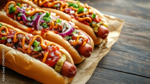 Delicious Gourmet Hot Dogs with Toppings on Parchment Paper