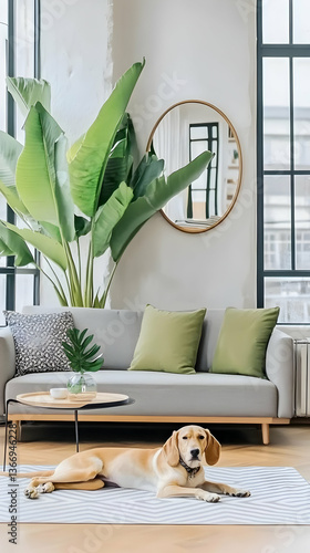 Photo of Golden Retriever Dog Relaxing on a Rug in Modern Living Room with Mirror and Plant