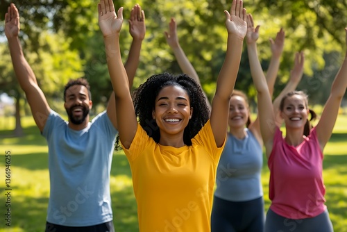 group of people holding hands in air
