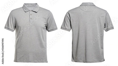 Blank collared shirt mock up template, front and back view, plain grey t-shirt isolated on white. Polo tee design mockup