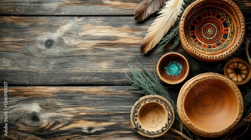 Rustic Wooden Bowls and Feathers on Dark Wood Background - Native American Craftsmanship Inspired