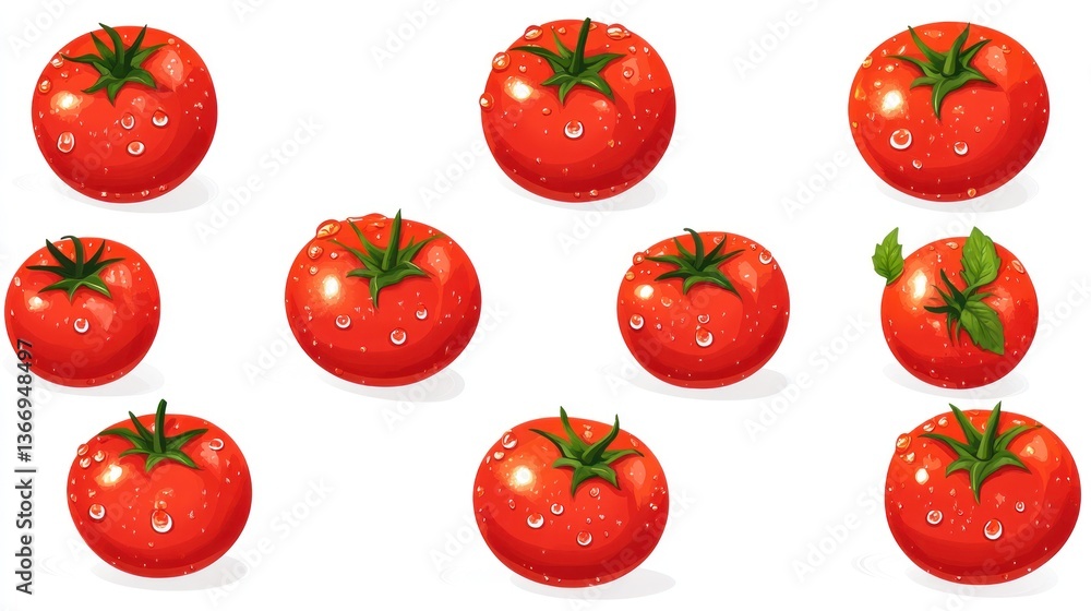 Illustration of various water-dropped tomatoes Illustration of various water-dropped tomatoes