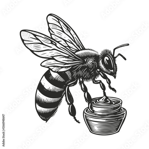 Honey bee art sketch drawing lion honey bee art engraving generative vector illustration. Scratch board imitation. Black and white image