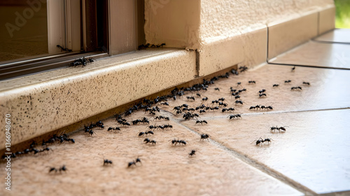 Photo of Swarm Of Ants Crawling On Floor Tiles Near A Doorway