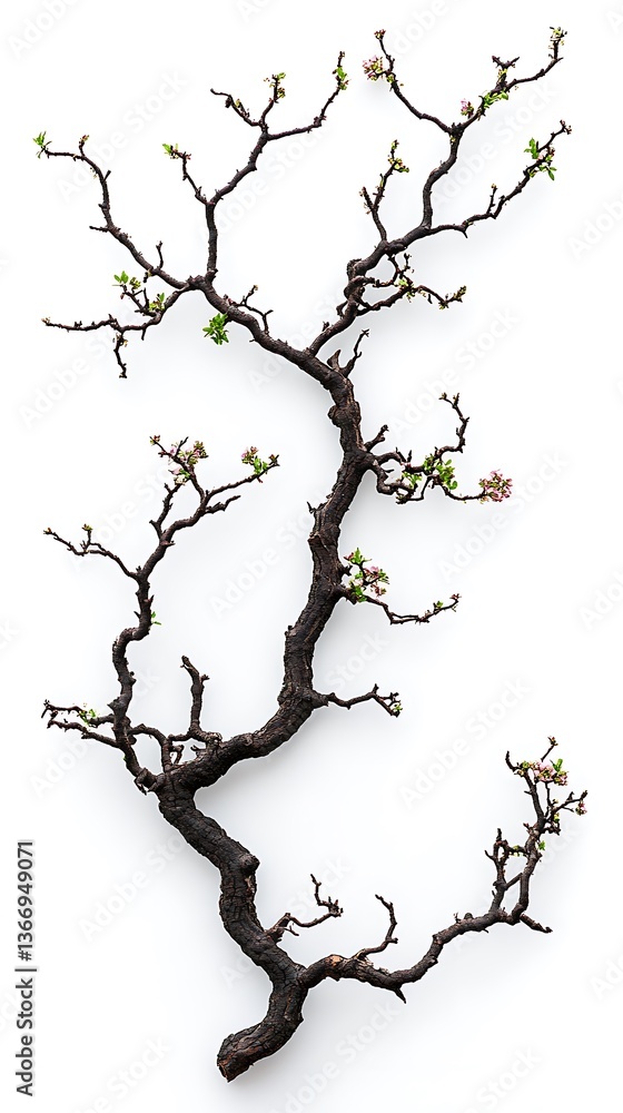 Obraz premium Twisted branch with tiny buds against white.