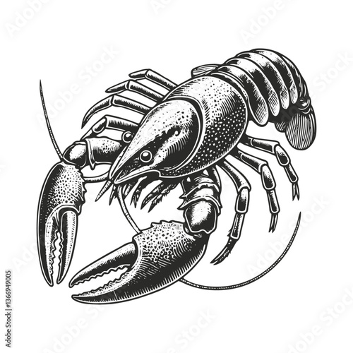 crayfish lobster art sketch drawing art engraving generative vector illustration. Scratch board imitation. Black and white image