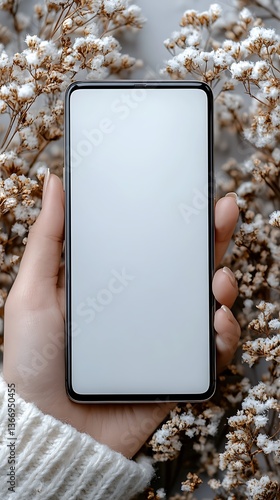 Hand holding phone with blank screen surrounded by flowers.