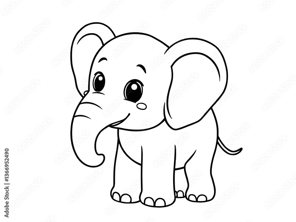 Fototapeta premium Cute Cartoon Elephant Line Art Illustration Outline, Coloring Page, Baby Animal, Friendly, Happy, Smiling, Big Ears, Black and White