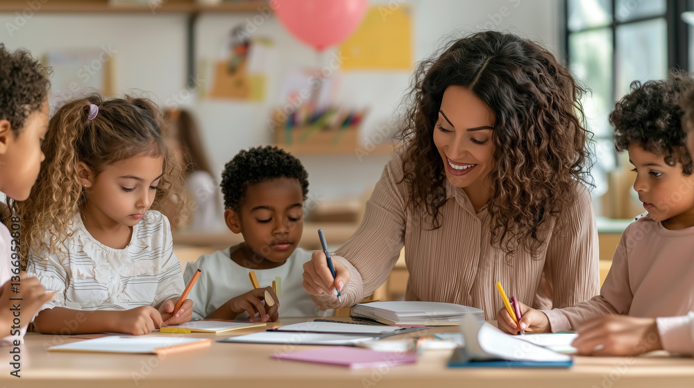 Fototapeta premium Engaged teacher pointing at a student's notebook, kids around eagerly participating, colorful classroom decor in the background.