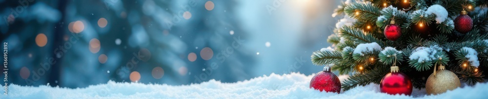 Snowy winter background with Christmas tree and ornaments, snow covered ground, seasonal decor Snowy winter background with Christmas tree and ornaments, snow covered ground, seasonal decor