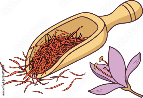 Authentic Saffron Threads in Wooden Scoop Vector Art for Designers