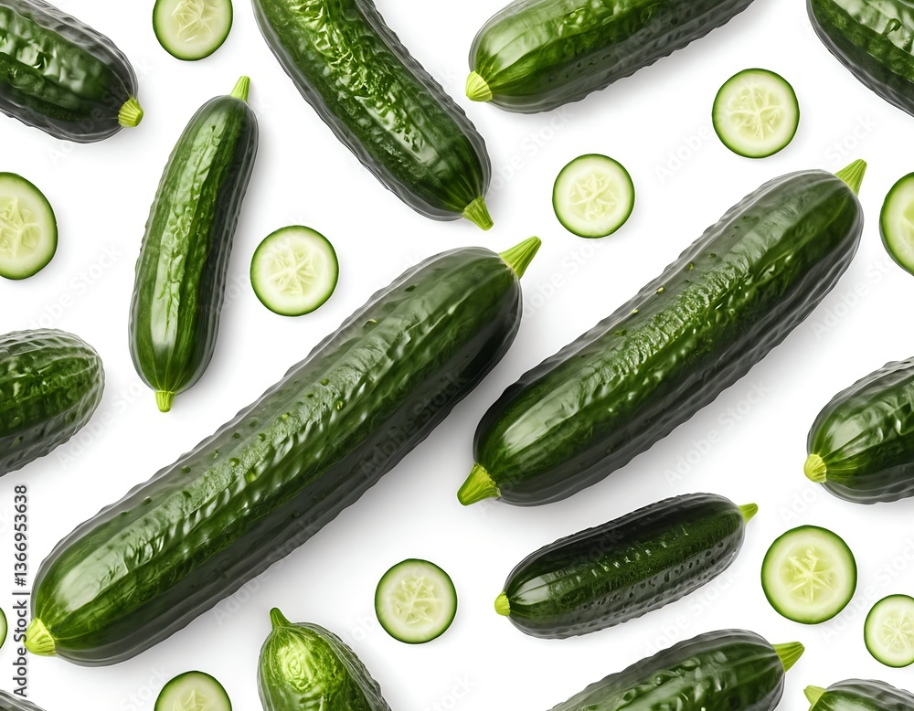Fresh Green Cucumbers and Slices on White Background Fresh Green Cucumbers and Slices on White Background