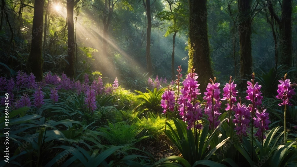 Obraz premium Sunlight Through Forest with Wild Purple Orchids in the Foreground