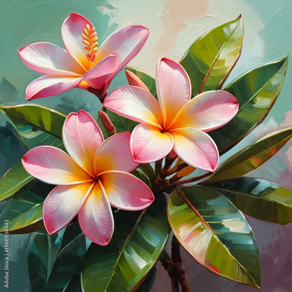 Fototapeta premium Pink Plumeria Flowers with Lush Green Leaves
