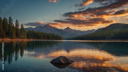 Reflecting Lake with Mountains and Clouds at Sunset Scenery