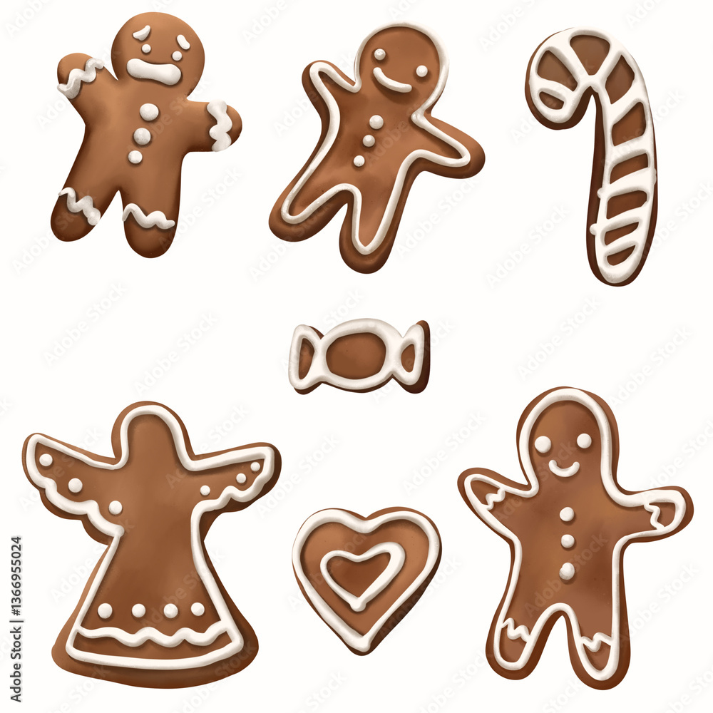 collection of festive gingerbread cookies featuring various shapes including candy cane, heart, and angel, decorated with white icing collection of festive gingerbread cookies featuring various shapes including candy cane, heart, and angel, decorated with white icing