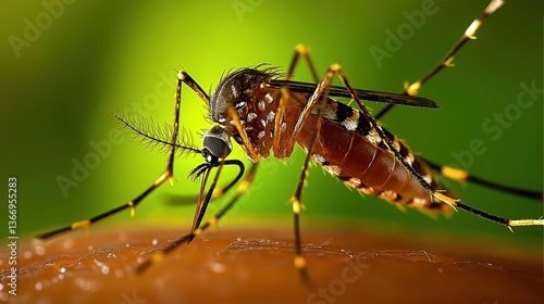Aedes aegypti mosquito on human skin, carrier of Zika, Dengue, Chikungunya, and Yellow Fever
