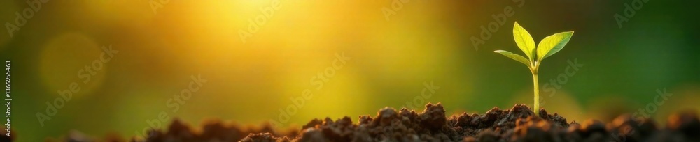 Obraz premium Tiny sprout stretches towards warm golden light, revealing delicate leaves and slender stem, growth, morning light, seedling