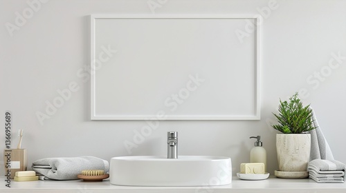 A white rectangular frame in a clean bathroom, placed above the sink with fresh towels, soap, and a small plant  HD 8K mockup wallpaper Photographic Image