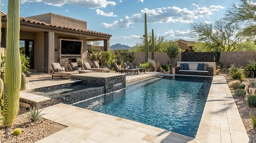 a pool with chairs and a house in the background