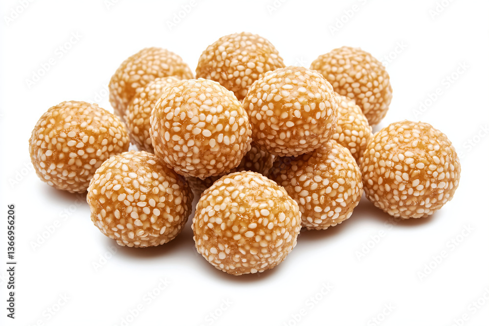 a pile of sesame balls on a white surface a pile of sesame balls on a white surface