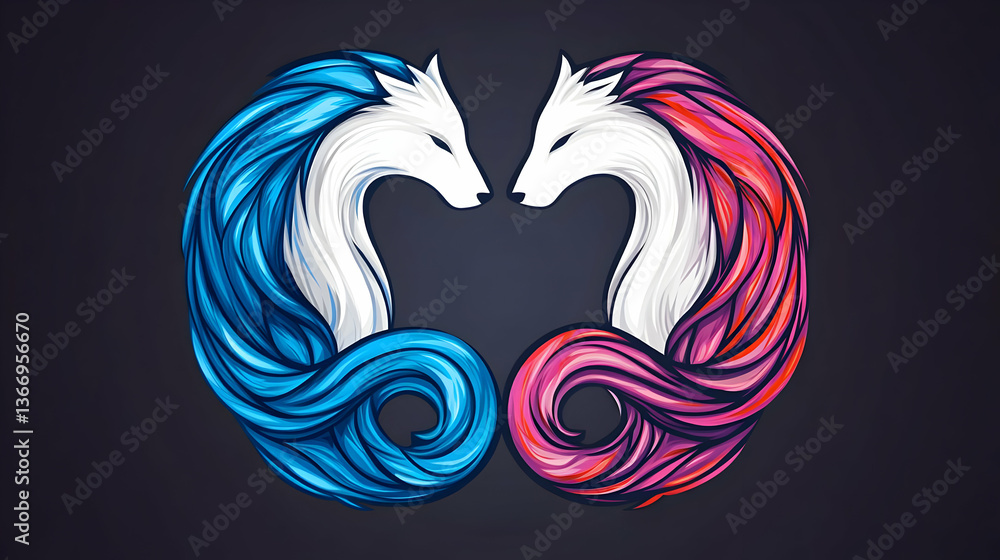 Obraz premium Pixelated Illustration Of Two Symmetrical Foxes In Blue And Pink On Dark Background