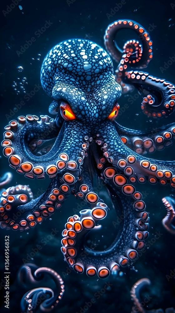 Fototapeta premium Pixelated Octopus Illustration with Blue and Orange Hues in Deep Sea Photo