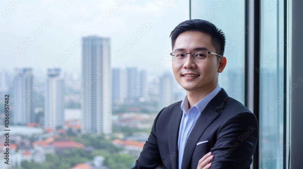 Fototapeta premium Smiling Businessman Portrait with Cityscape Background and Arms Crossed