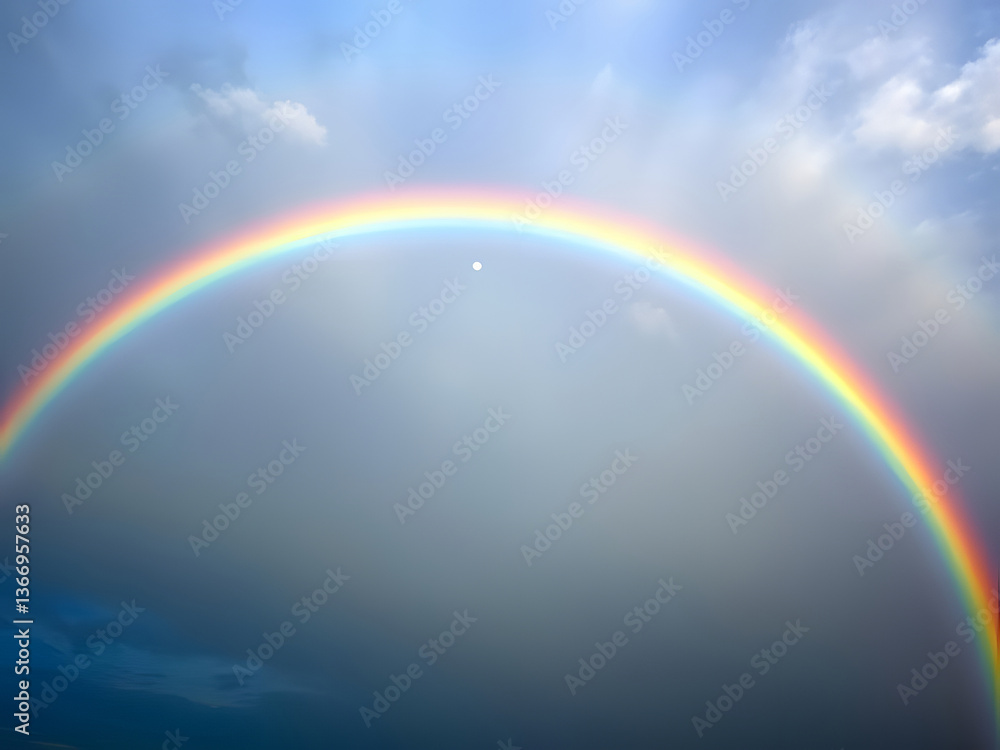 Full Rainbow Arching Across Dramatic Cloudy Sky After the Rain, Beautiful Colorful Meteorology Phenomenon. Full Rainbow Arching Across Dramatic Cloudy Sky After the Rain, Beautiful Colorful Meteorology Phenomenon.