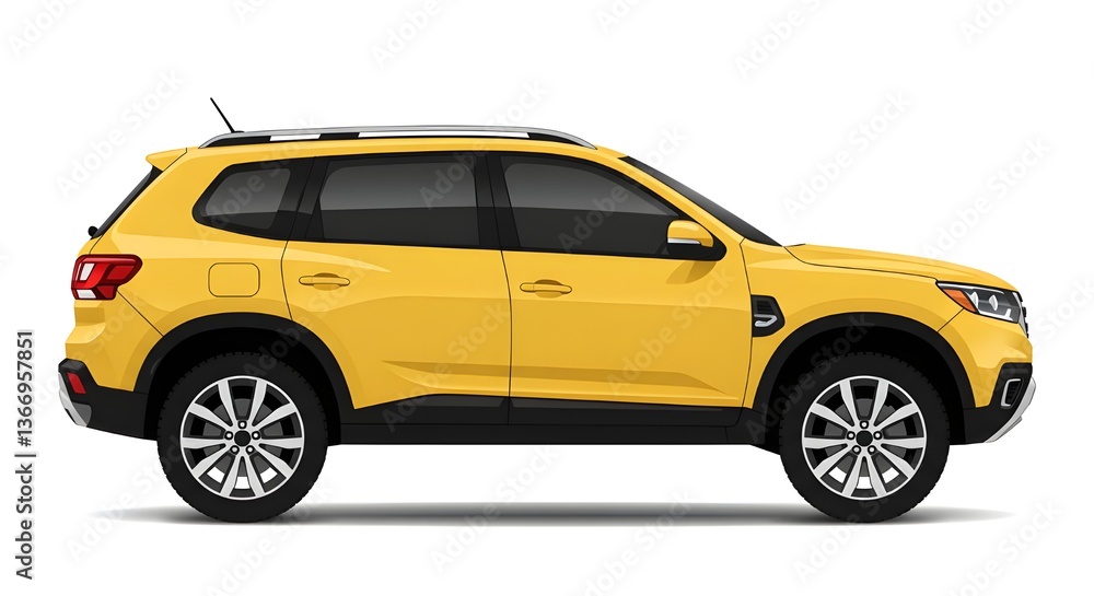 Vector illustration of a modern yellow SUV in a side view, featuring sleek design, tinted windows, and silver alloy wheels. Perfect for automotive concepts, transportation themes, and digital artwort. Vector illustration of a modern yellow SUV in a side view, featuring sleek design, tinted windows, and silver alloy wheels. Perfect for automotive concepts, transportation themes, and digital artwort.