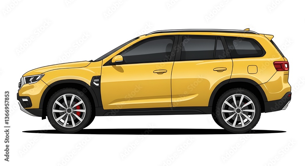 Fototapeta premium Vector illustration of a modern yellow SUV in a side view, featuring sleek design, tinted windows, and silver alloy wheels. Perfect for automotive concepts, transportation themes, and digital artwort.