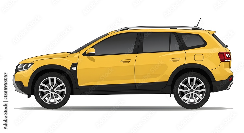 Vector illustration of a modern yellow SUV in a side view, featuring sleek design, tinted windows, and silver alloy wheels. Perfect for automotive concepts, transportation themes, and digital artwort. Vector illustration of a modern yellow SUV in a side view, featuring sleek design, tinted windows, and silver alloy wheels. Perfect for automotive concepts, transportation themes, and digital artwort.