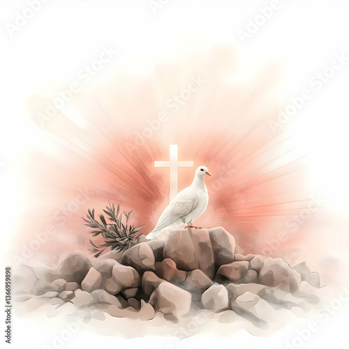 Realistic Image of a White Dove Perched on Rocks Before Illuminated Cross