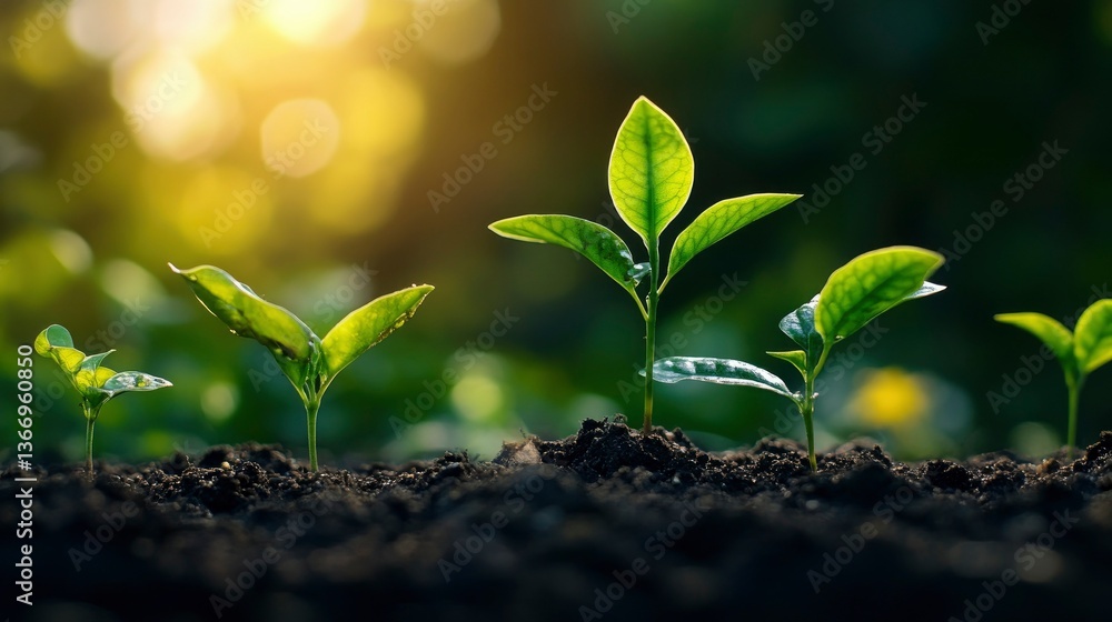Fototapeta premium Young Plants Growing in Soil at Sunrise - Symbol of Growth, Renewal, and New Beginnings